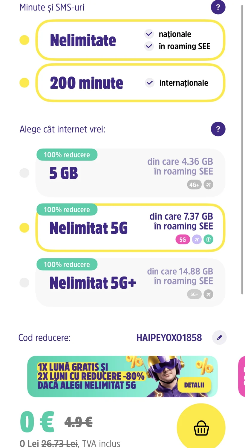 Verifică înainte să confirmi — Prima lună trebuie să apară la 0 €. Citește sumarul, tarifele următoare și condițiile; finalizează numai dacă oferta afișată corespunde.
